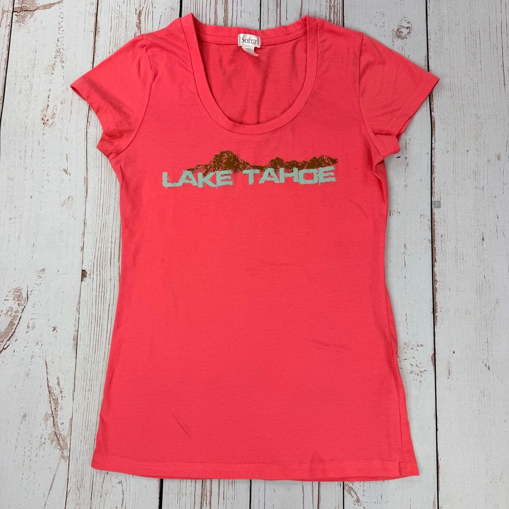 Sofra Lake Tahoe Graphic Tee Coral Pink Scoop Neck Short Sleeve T-Shirt Large